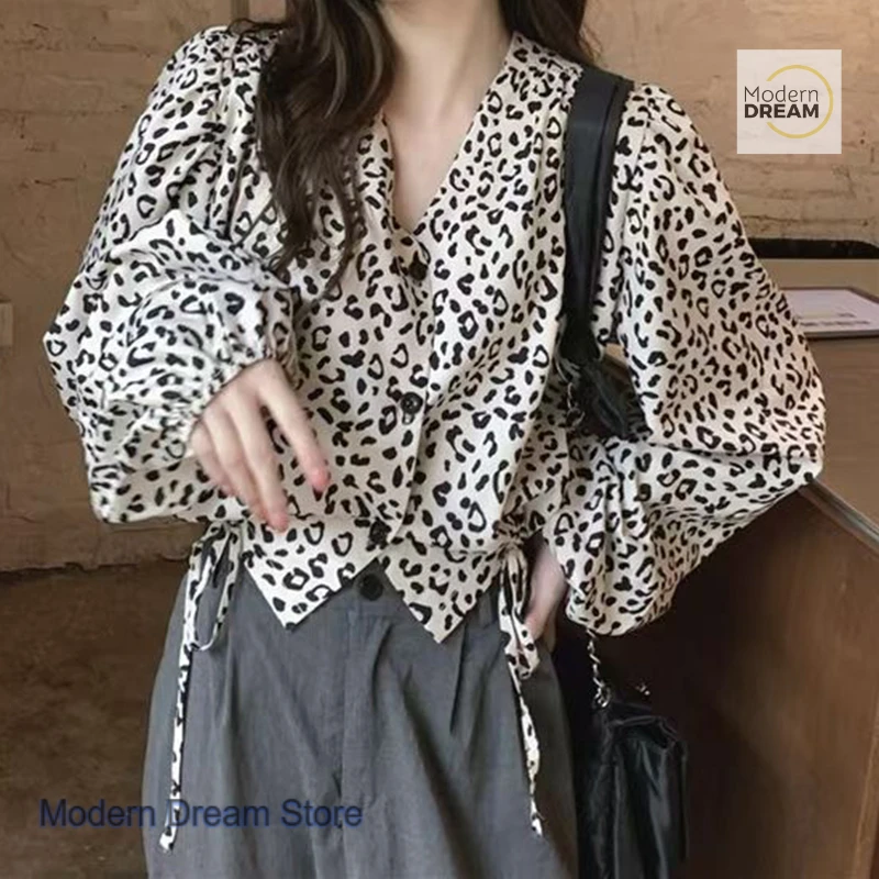 

French drawstring short V-neck Leopard print shirt women's spring and autumn new retro fashion temperament design shirt