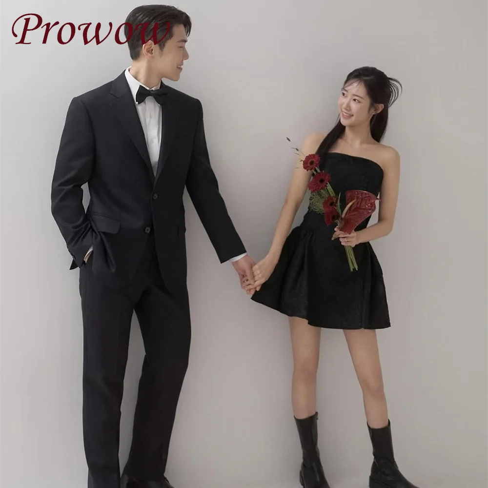

Prowow Simple Black Short Cocatail Prom Dress Pleats Strapless Mini Korea Wedding Photo Shoot Reception Gowns Customized Corset