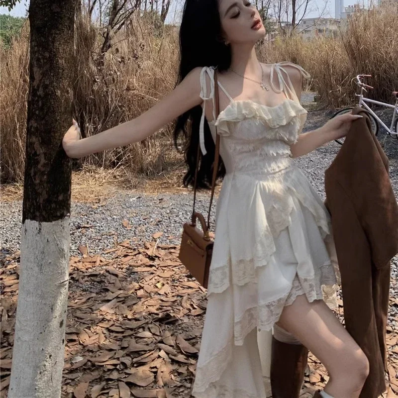 

Sleeveless White Dress Women Fairycore with Lining Off Shoulder Lace Patchwork Elegant Irregular Design Tender Ruffles Bandage