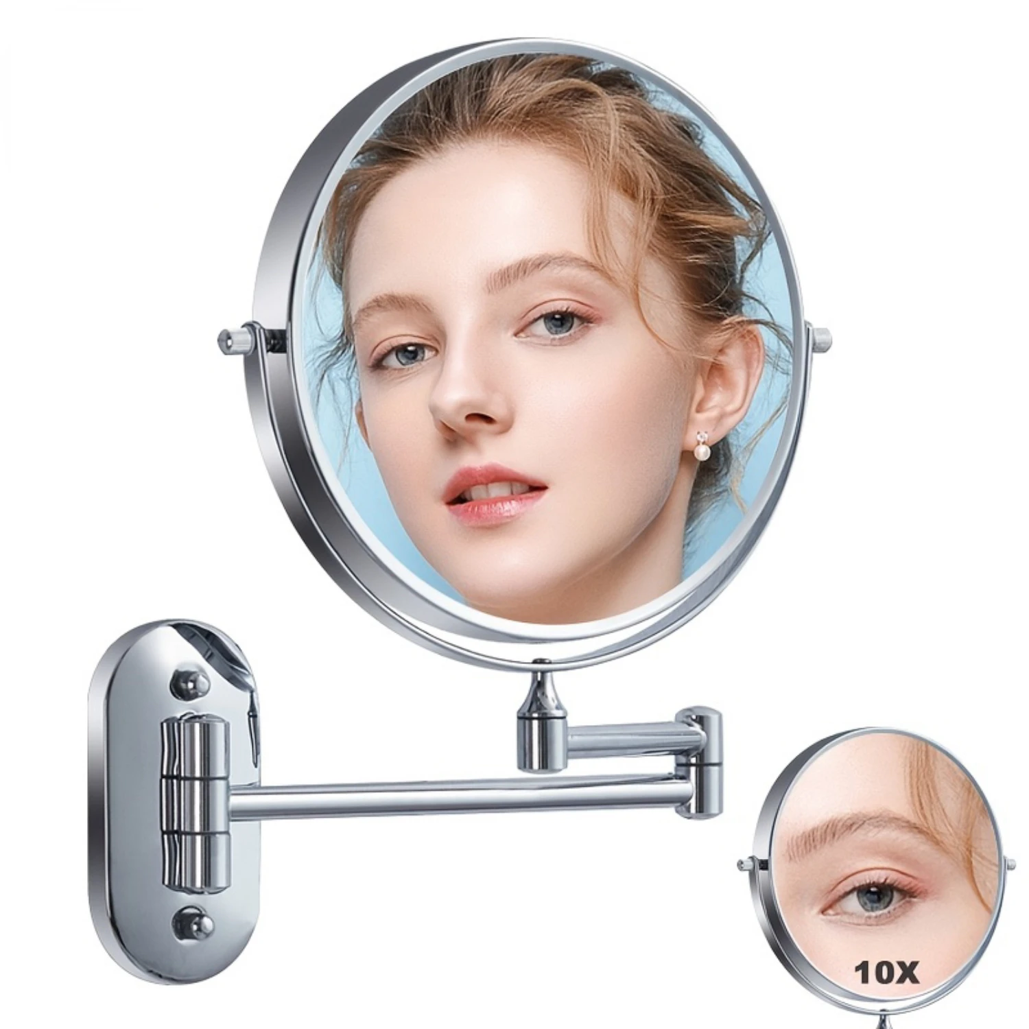 

High Definition Silver-plated Chrome Wall Mounted Makeup Vanity Mirror, 8" Bathroom Shaving Mirror With Thickened Base and 10X M