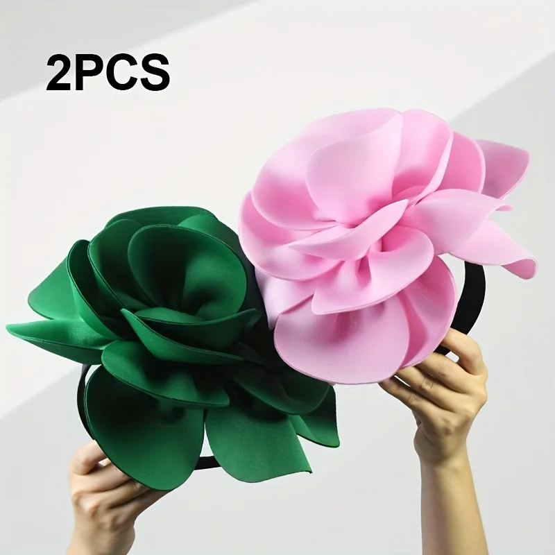 

2pcs Women Luxury Oversized Camellia Headband Exaggerated Fabric Hair Hoop for Party Banquet Catwalk Show