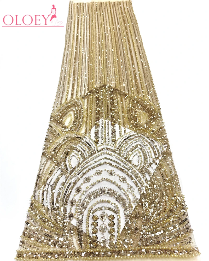 

OLOEY High-Quality African Beaded Groom Lace Fabric with Sequins French Mesh for Nigerian Wedding Dresses Brides