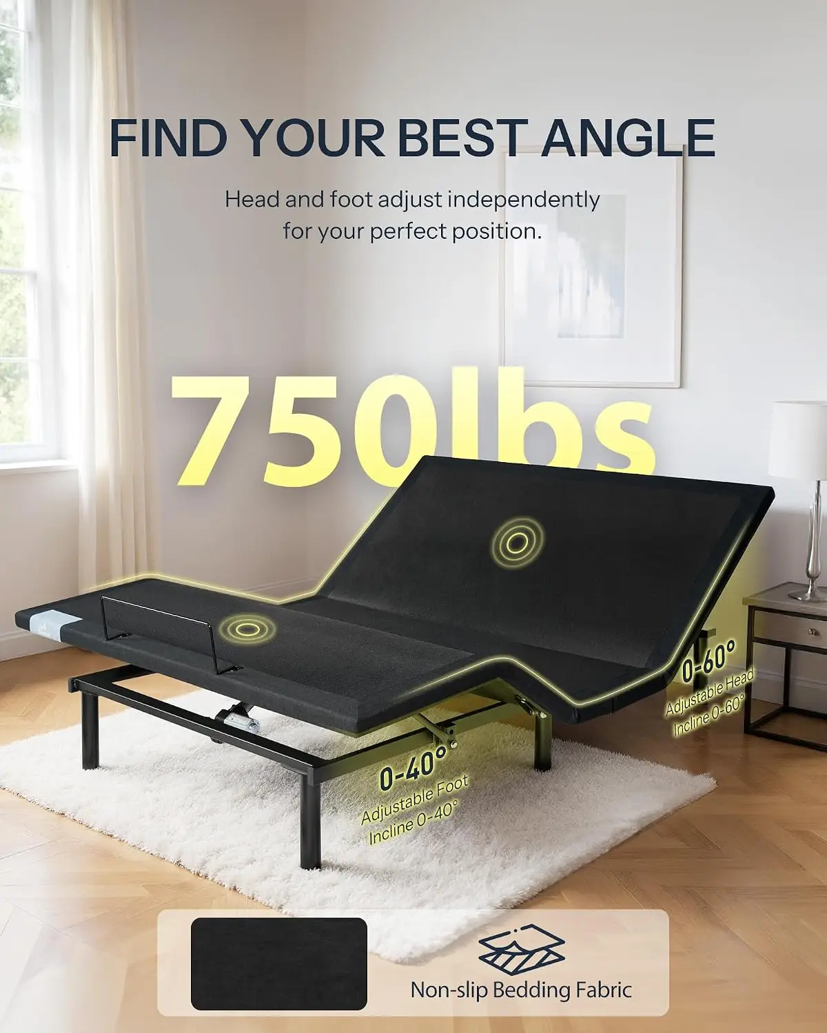 Twin XL Adjustable Bed Frame, Head & Foot Incline, Wireless Remote, Zero Gravity & Anti-Snore Modes, Custom