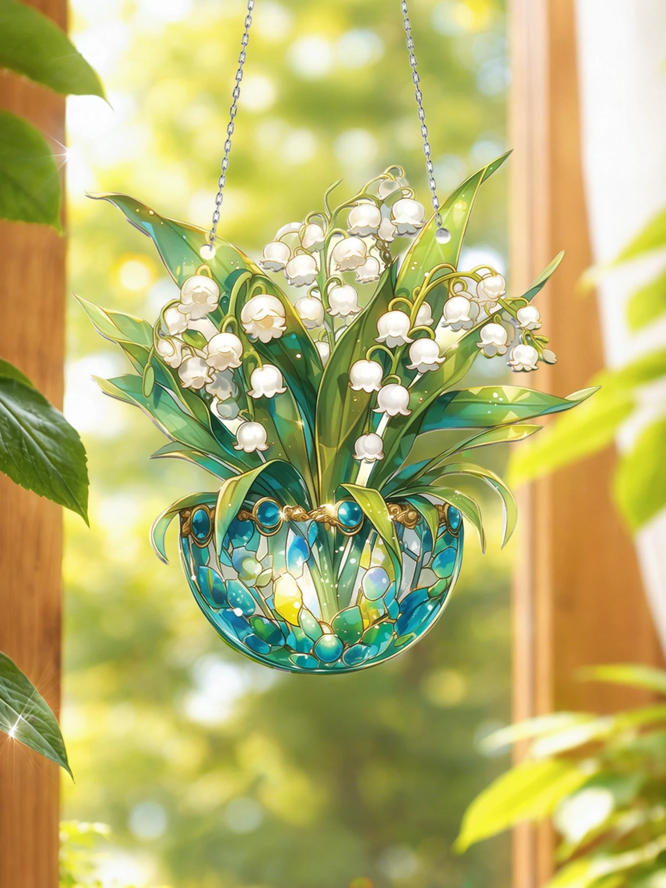 Lily of the Valley Green Suncatcher, Window Art Hanging Decor, Acrylic Light Catcher for Home Garden Unique Floral Ornament Gift