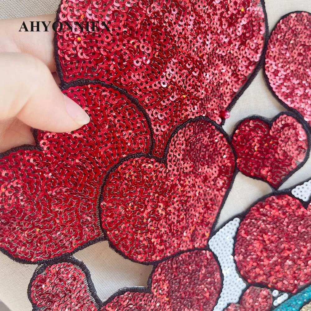 1 Piece Red Cool Sequins Heart Parch For Clothes Sticker Appliques Iron On Patches Jacket Decoration Applique