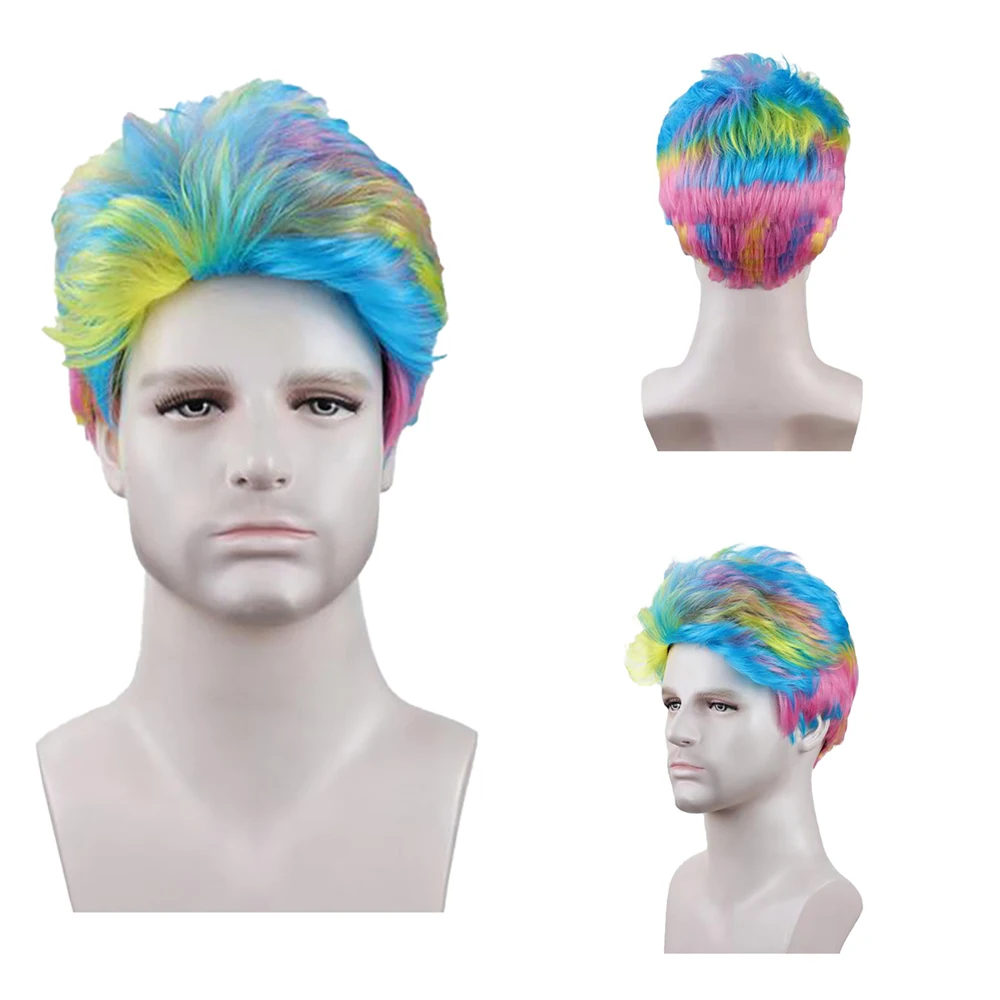 Rainbow Short Wig For Men Spiky Fluffy Synthetic Wig For Halloween Music Festival Pride Parade Party Cosplay
