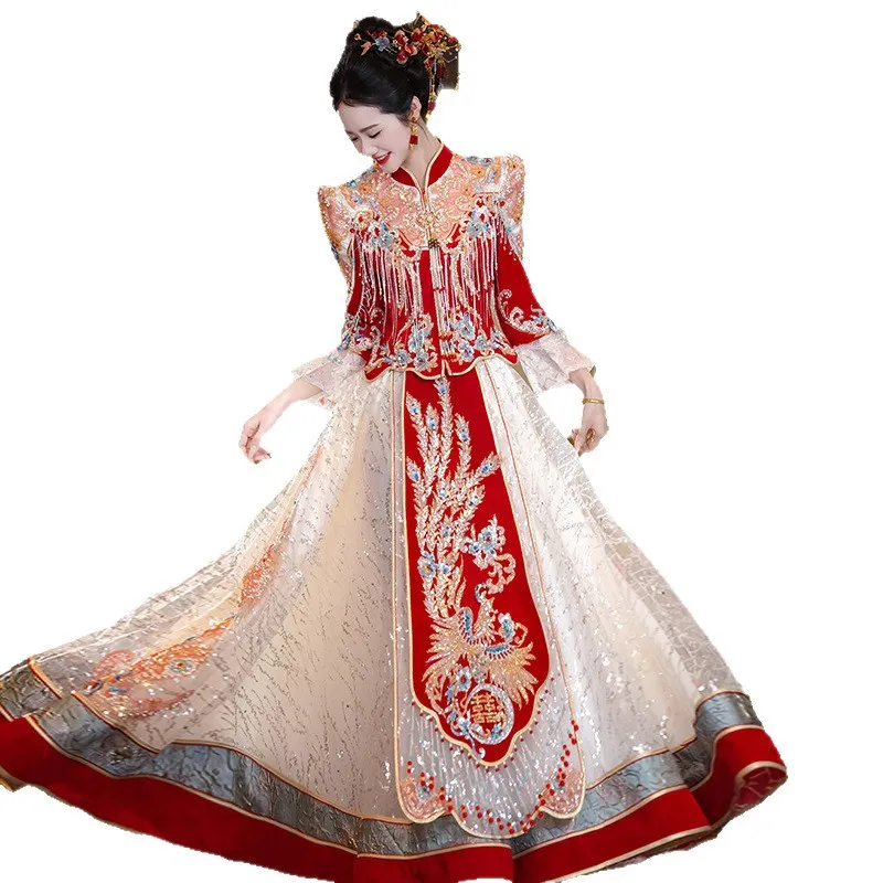 Luxury Stand Up Collar Xiuhe 2025 New Chinese Bride Wedding Dress Dragon and Phoenix Coat Retro Chinese Style Dress