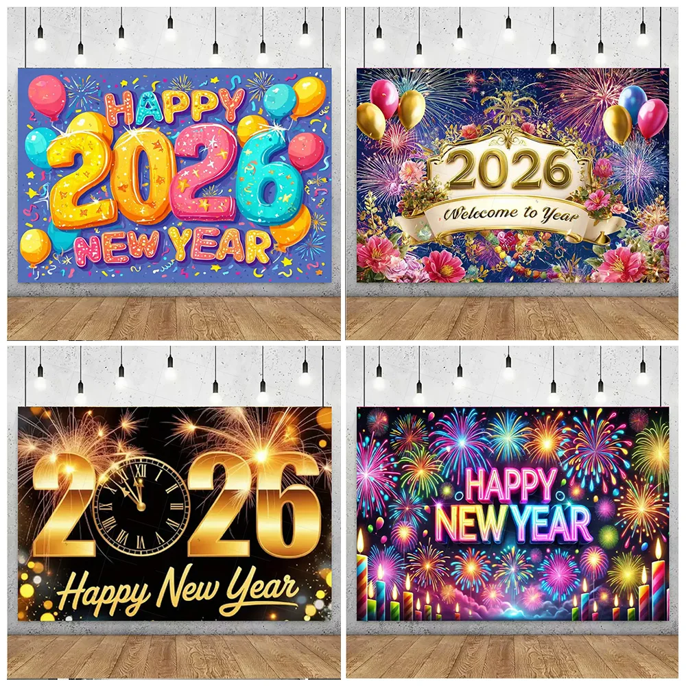 

Glittering 2026 Happy New Year Backdrop Supplies Firework Ribbon Balloon Background New Year Party Decoration Photo Shoot Props