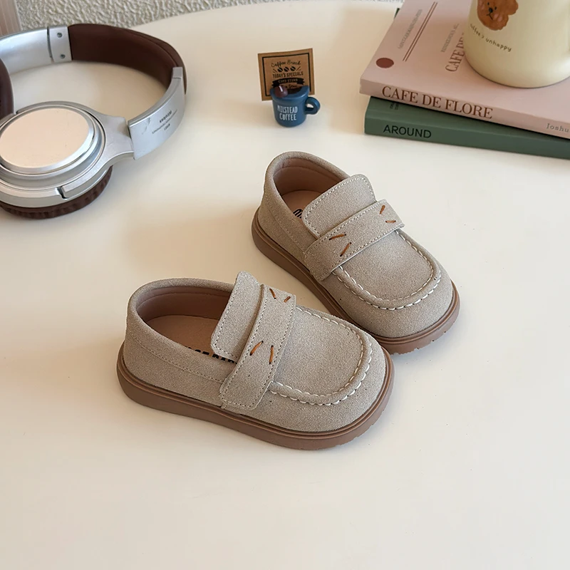 

Toddler Kids Beige Suede Loafers Adjustable Strap Smile Face Stitch Non-Slip Thick Sole Spring Autumn School Daily Casual Wear