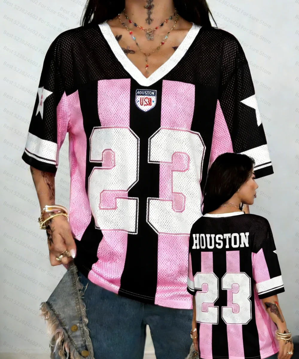Womens' Pink Striped Number Pattern Jersey T-Shirt European&American Style Football Shirt Short Sleeved Loose Mesh Casual Tops