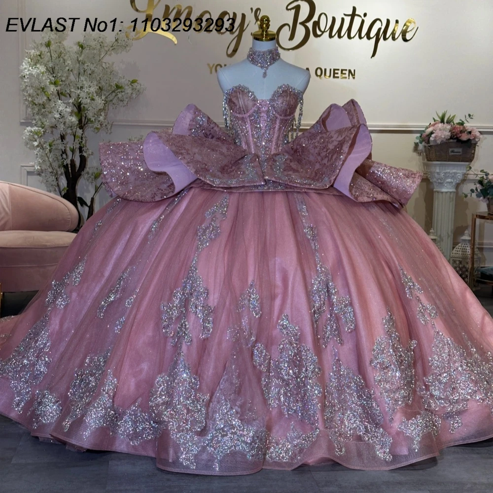 

EVLAST Customized Sparkly Pink Quinceanera Dress Ball Gown Silver Lace Applique Beading Bow Sweet 16 Vestidos De 15 Anos AQ365