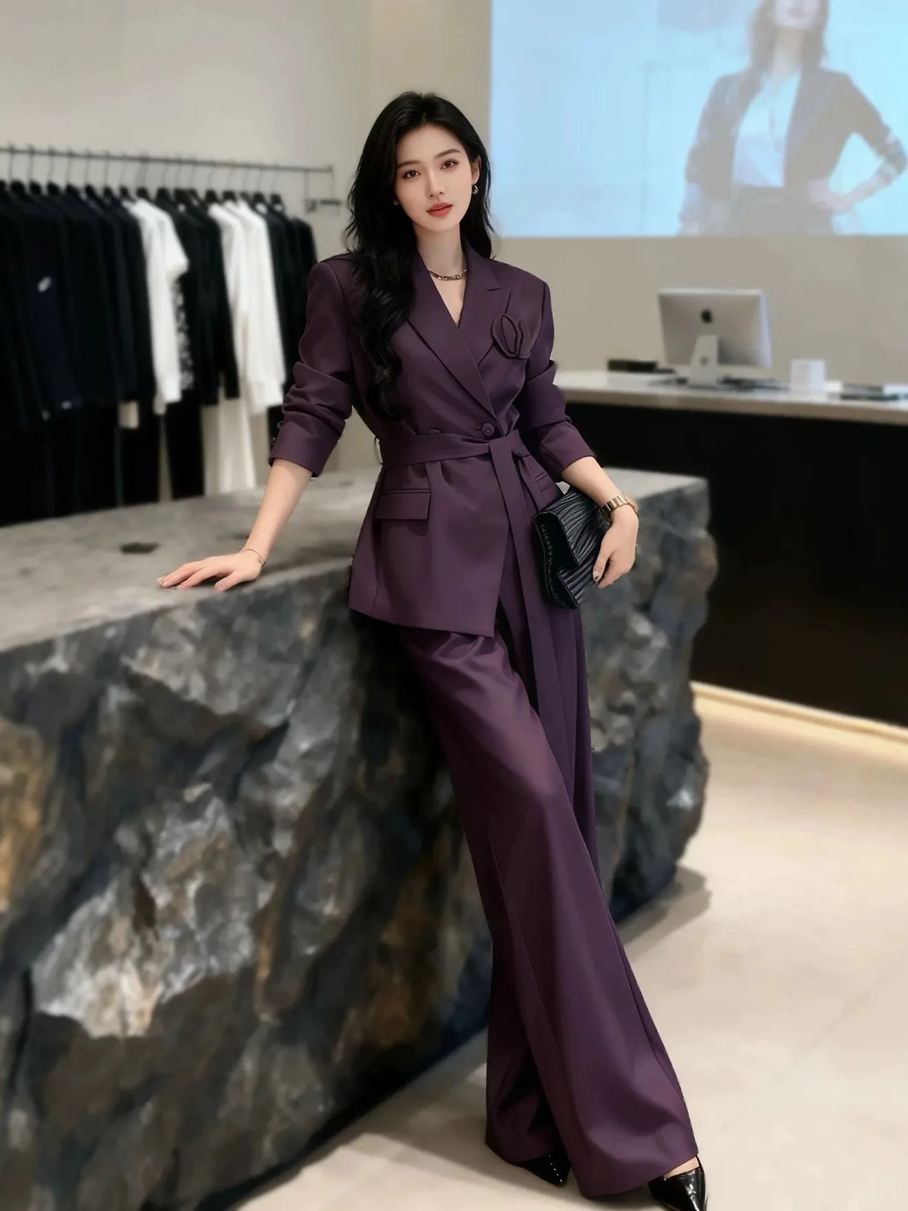 

Зимний модный женский костюм больших размеров фиолетового цвета с пиджаком на поясе и брюками прямого кроя, повседневная рабочая одежда средней длины