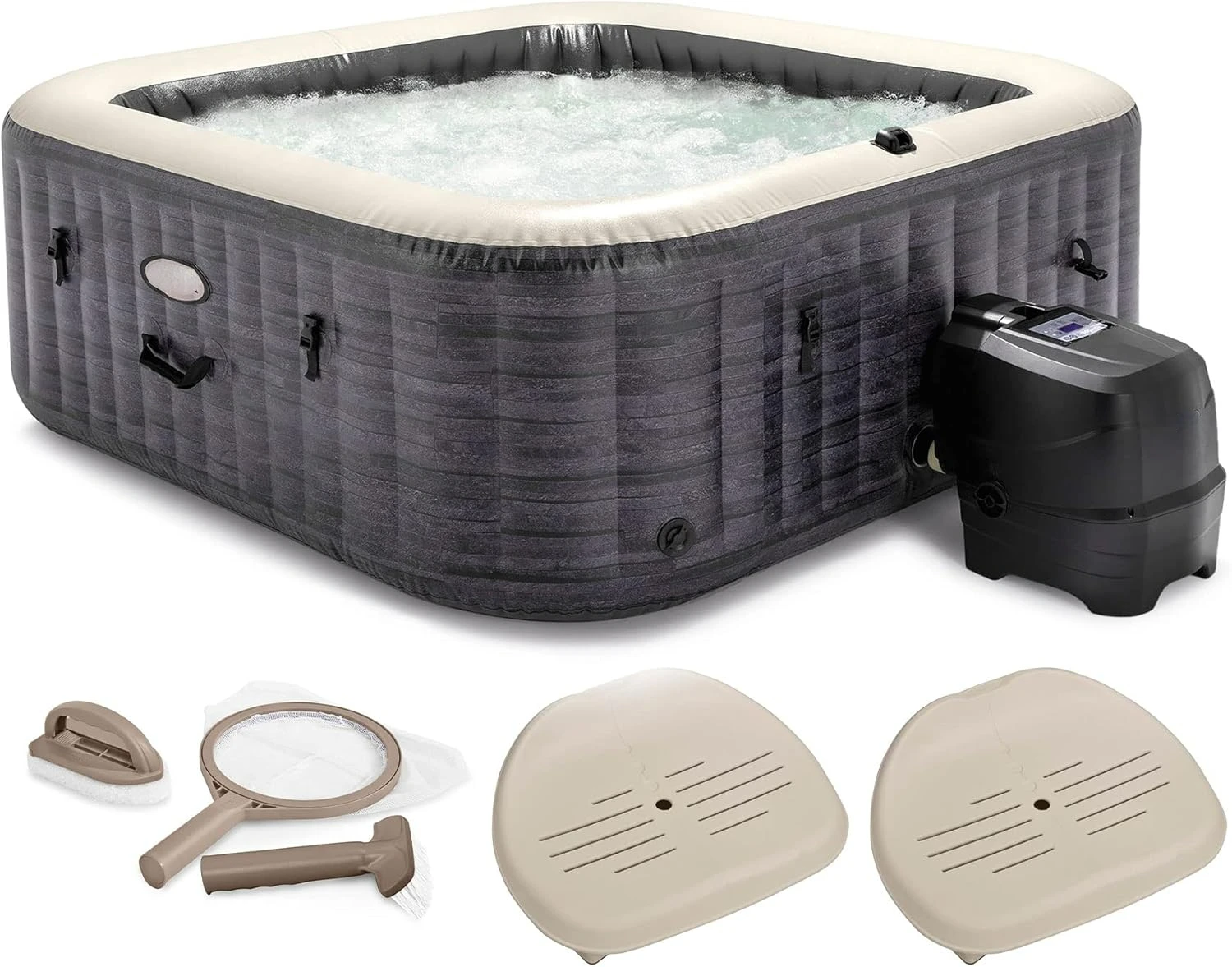 Inflatable Square Hot Tub, Maintenance Kit W/Brush, Skimmer,and Scrubber, Slip Resist Inflatable Removable Seat (2 Pack),hot Tub