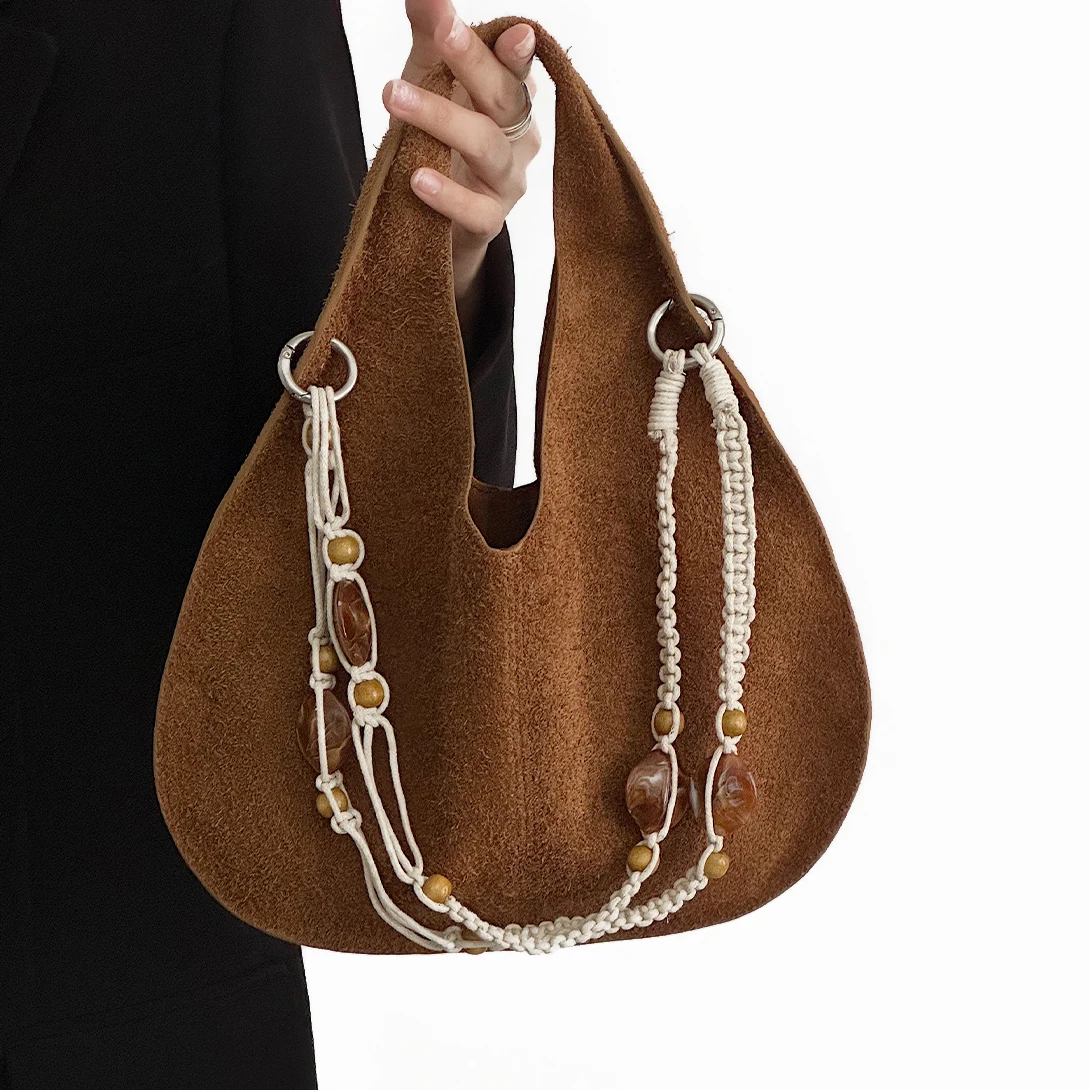

Frosted cowhide ladies handbag 2025 new niche design French holiday style suede vintage chain one-shoulder crossbody bag