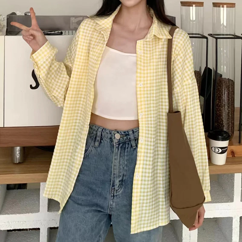 Women Gingham Shirt Long Sleeve Button-Down Pink Blue Checkered Blouse Top Jacket Summer Spring TeenGirl Boyfriend Casual Outfit