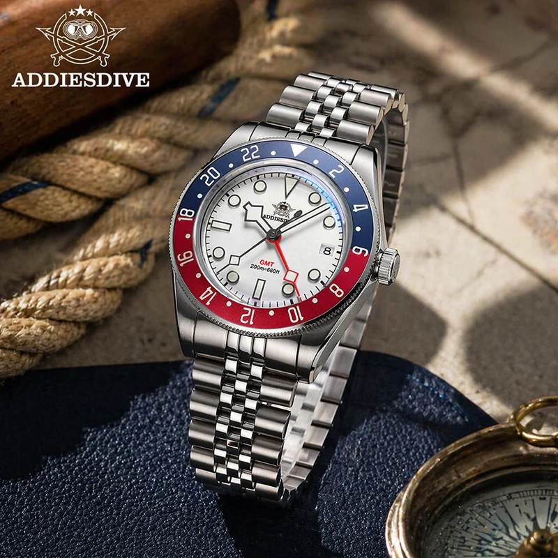 

ADDIESDIVE Quartz Watches Men's GMT Dual Time Zone Wristwatch BGW9 Luminous Domed Bubble Glass 316L Steel 200m Waterproof Watch