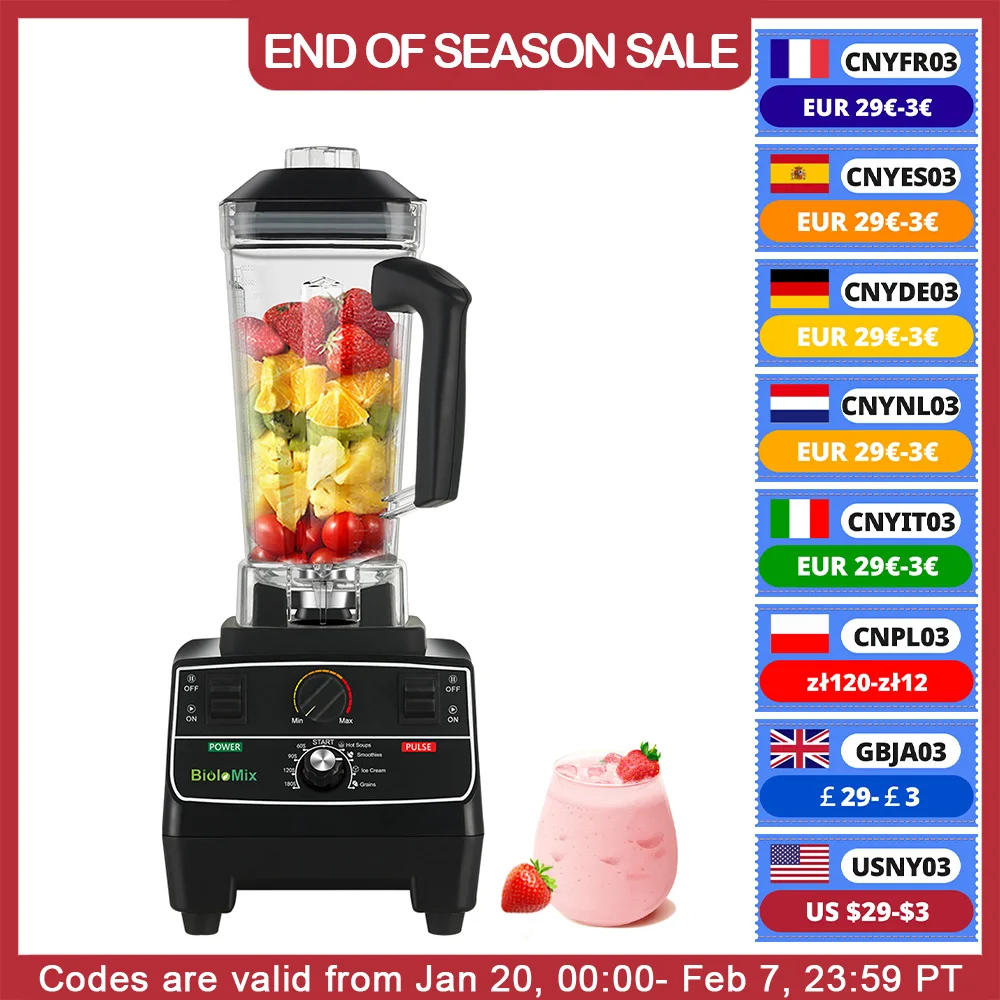 BioloMix BPA Free 2L Jar 2200W Professional Smart Timer Pre-programed Blender Mixer Juicer Food Processor Ice Smoothies Crusher