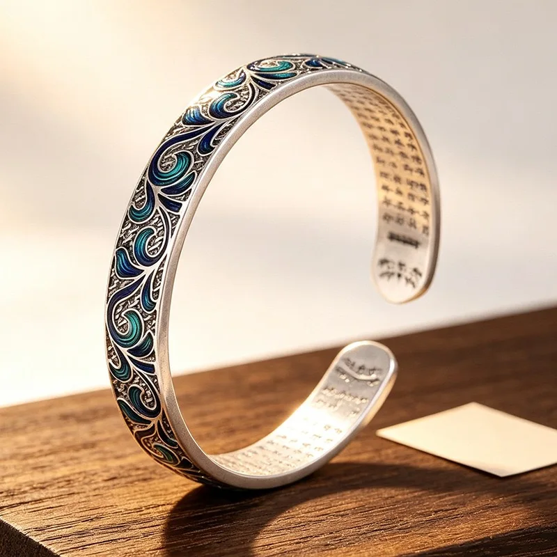100% Massives 925 Sterling Silber Metallarmband für Frauen, Vintage Handgefertigtes Einfaches Wolkenmuster-Armband, Geburtstagsgeschenk, Party – Detail 6