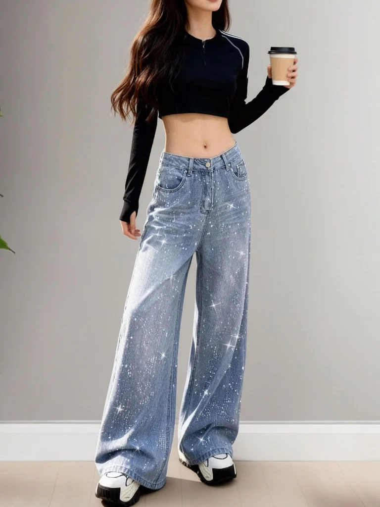 

Весна 2026: Женские джинсы с высокой талией, широкими штанинами, свободного кроя, прямые, с декором из страз, повседневные, в стиле High Street, из денима