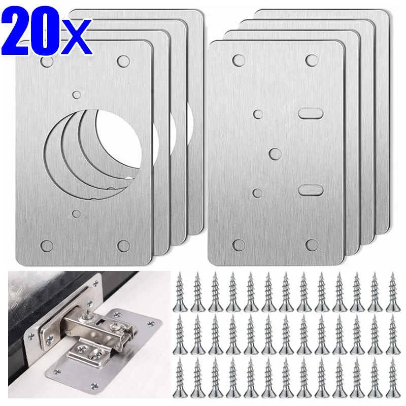 

20/2Pcs Cabinet Hinge Repair Plate Kit Stainless Steel Door Hinge Mounting Plate With Holes For Home Kitchen Cupboard Furniture