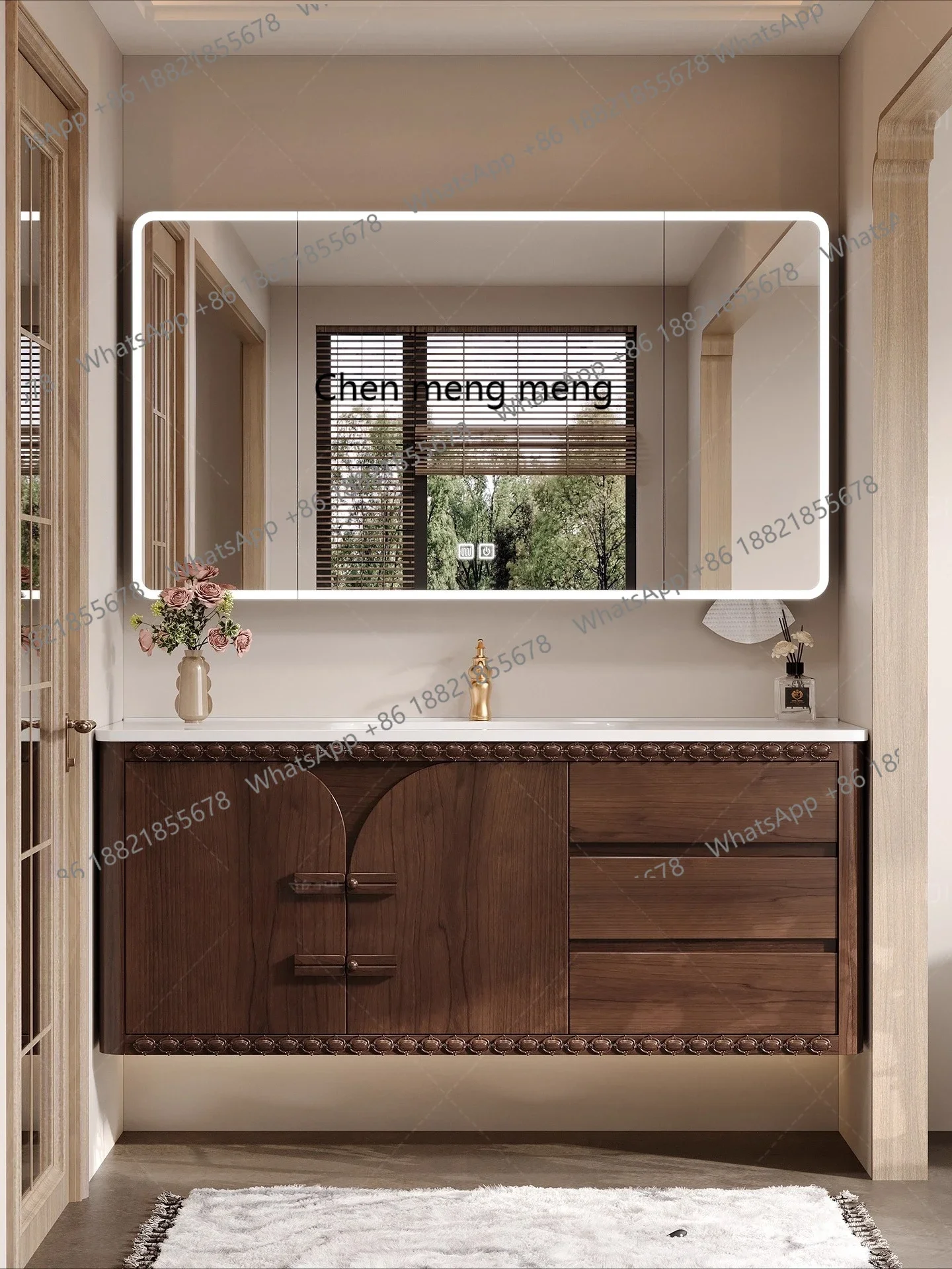 X Log Walnuss Corian Keramik integriertes Waschbecken moderne neue chinesische Badezimmerschrank-Kombination