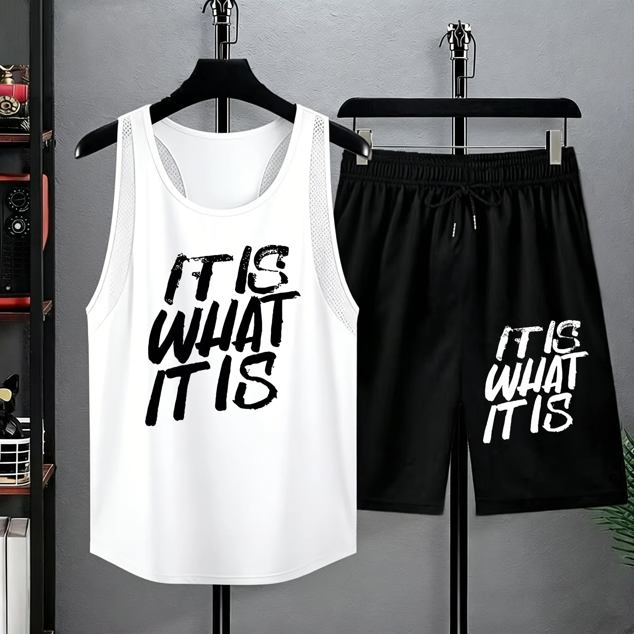 

It Is What It Is Art Letter Print Mens Summer Casual Comfy T shirt Set Drawstring Beach Bottom Mesh Daily Tank Top Run Sportpant