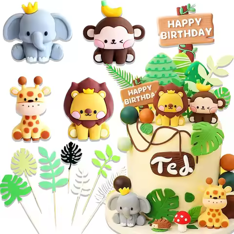 Forest Wild Animal Cake Topper Lion Giraffe Elephant Monkey Safari Jungle Animal Birthday Party Cake Decor Baby Shower Favors