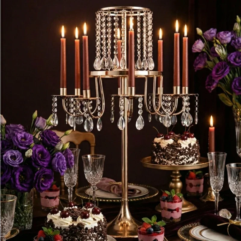 5PCS Metal Table Centerpiece Candelabra Table Crystal Decor 8 Heads Candle Holders for Wedding Birthday Party Home Decoration