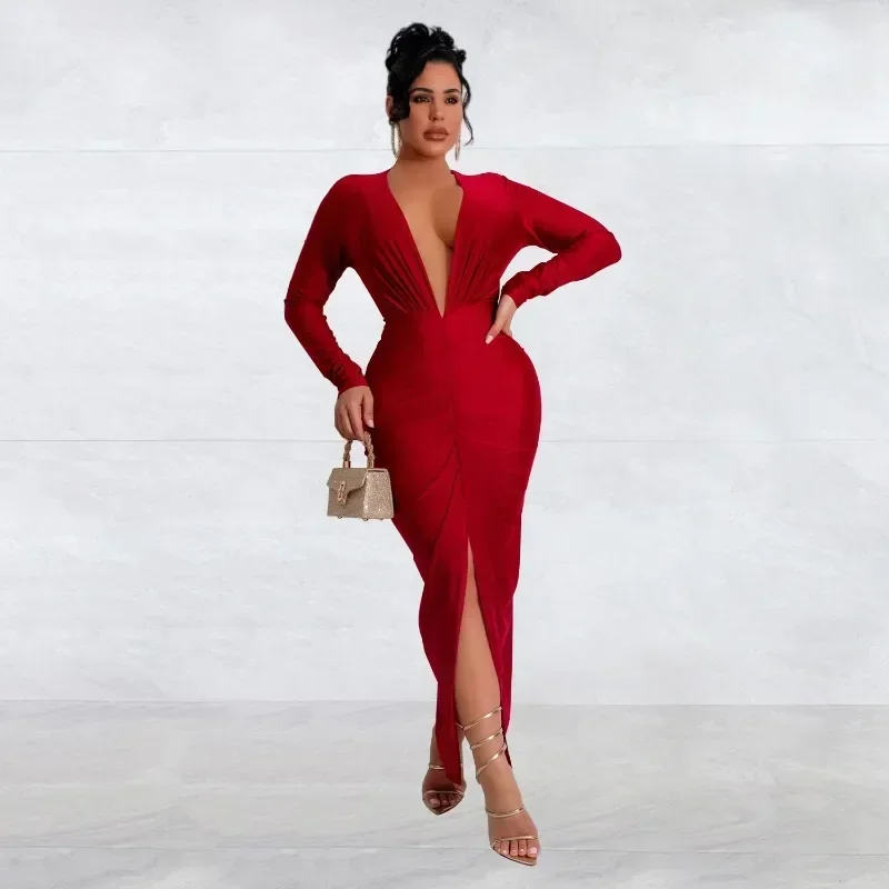 GUWU 가을 긴 소매 여성 드레스 섹시한 파티 스트리트 클럽 v 넥 맥시 드레스 하이 스플릿 셔링 이브닝 Bodycon Vestidos