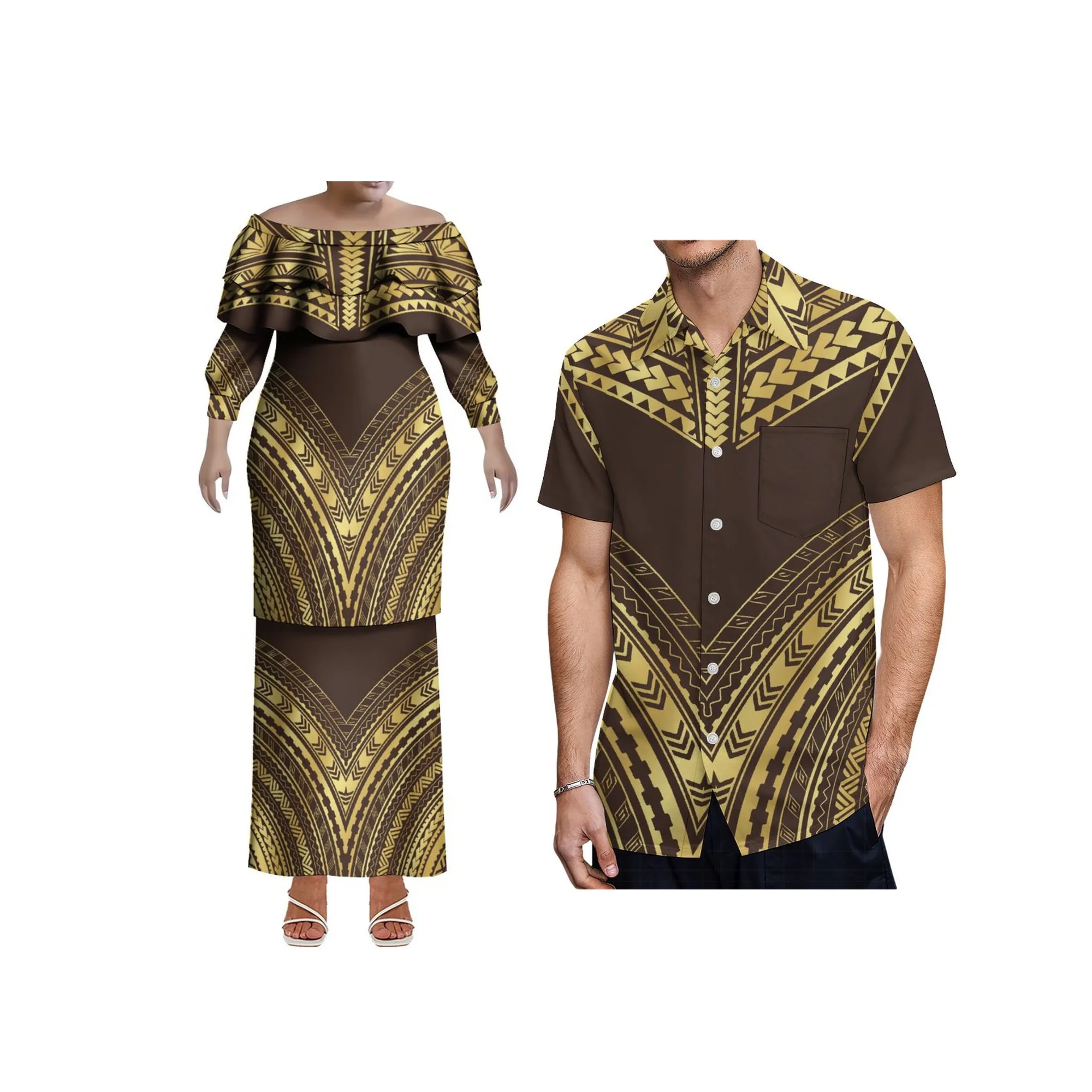 2025 novo estilo design personalizado fora do ombro xale vestido samoa puletasi vestido plus size feminino dupla camada babado vestido 2 peças