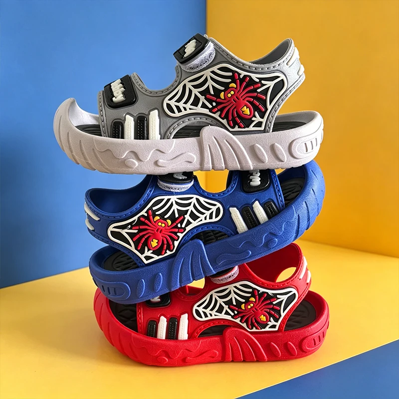Multi Cool Color Spider Pattern Boys Sandals, Soft Breathable Open Toe All-Match Summer Kids Shoes