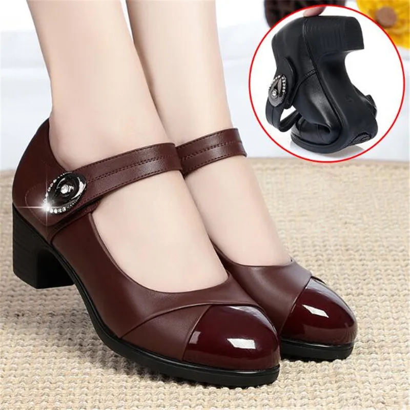 Soft Leather High Heels Luxury Chunky Heel Women Single Shoes Black Ankle Strap Work Office Ladies Shoes Pumps Comfort Mom Shoes