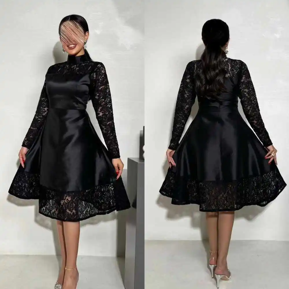 Jersey bunga Ruched Homecoming A-line kerah tinggi Bespoke gaun acara Midi Gaun Arab Saudi malam