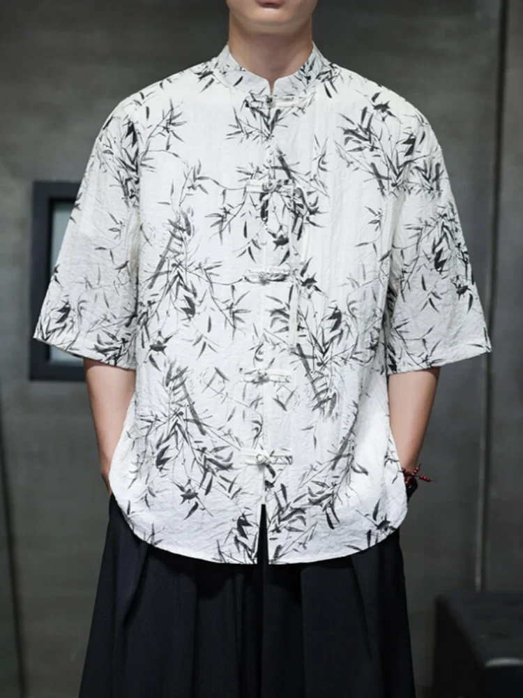 

New Chinese Style Button up Short Sleeve Shirt Men's Summer Thin Cool Feeling Five Sleeve Half Sleeve Hanfu Shirt Loose Fit P...
