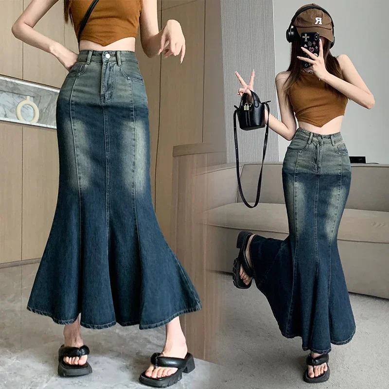 

Mid-length Denim Skirt Women's 2024 Spring Autumn Package Hip Mermaid skirt New Simple Pocket Straight Blue Long Skirt Female