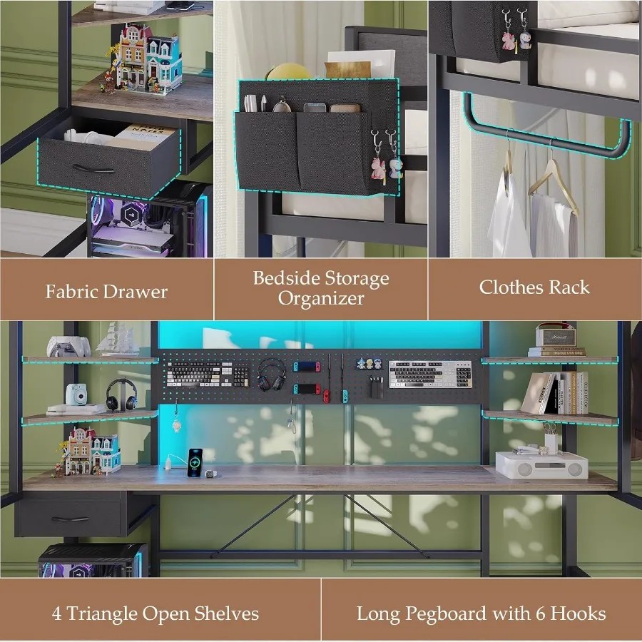 سرير علوي مع مكتب سرير علوي مزدوج الحجم مع أضواء LED ومحطة شحن سرير بطابقين مع منظم تخزين سلم قابل للإزالة #4