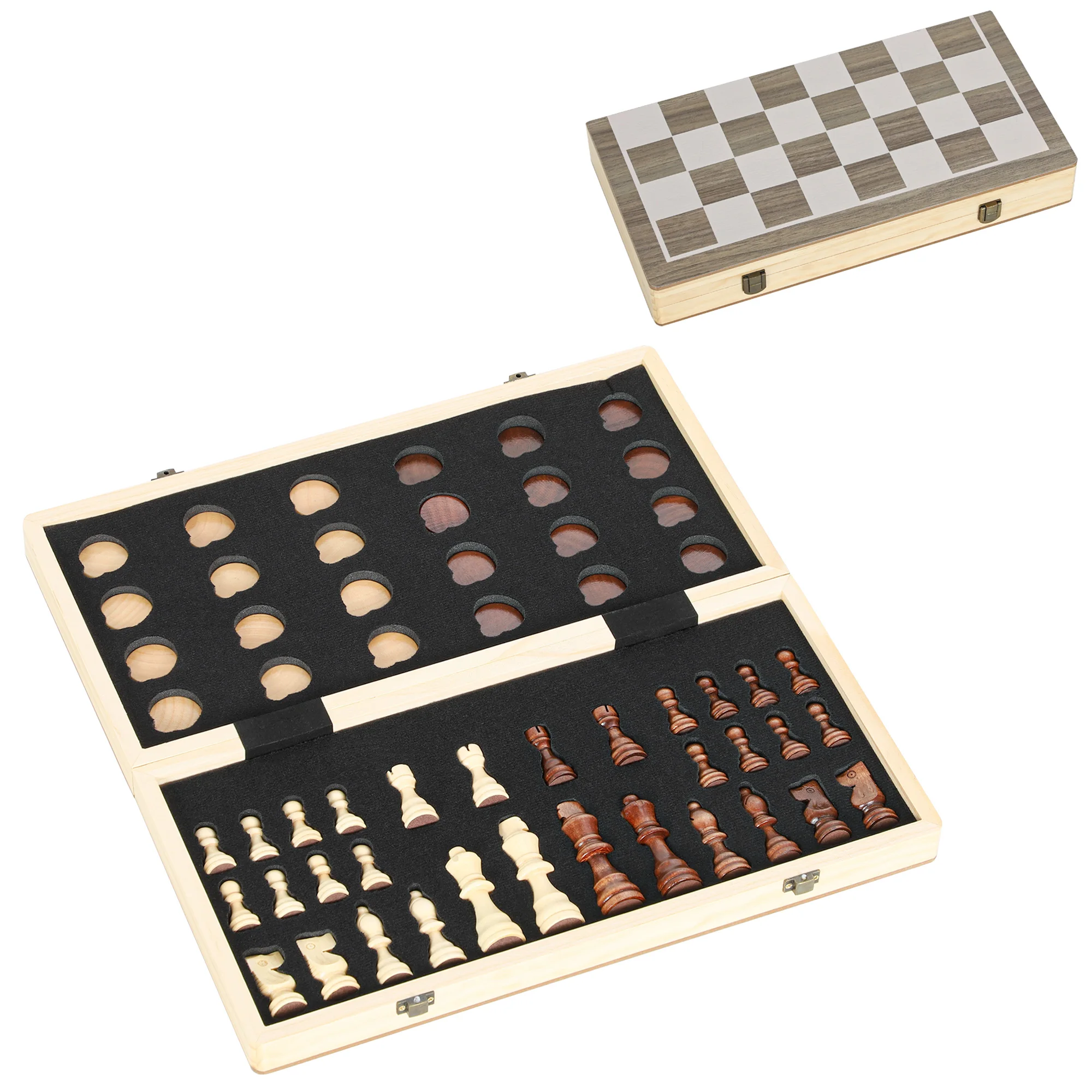 Ensemble d'échecs et de dames international pliable 2-en-1 Sportnow en bois avec pièces en pin et compartiments de rangement en noyer