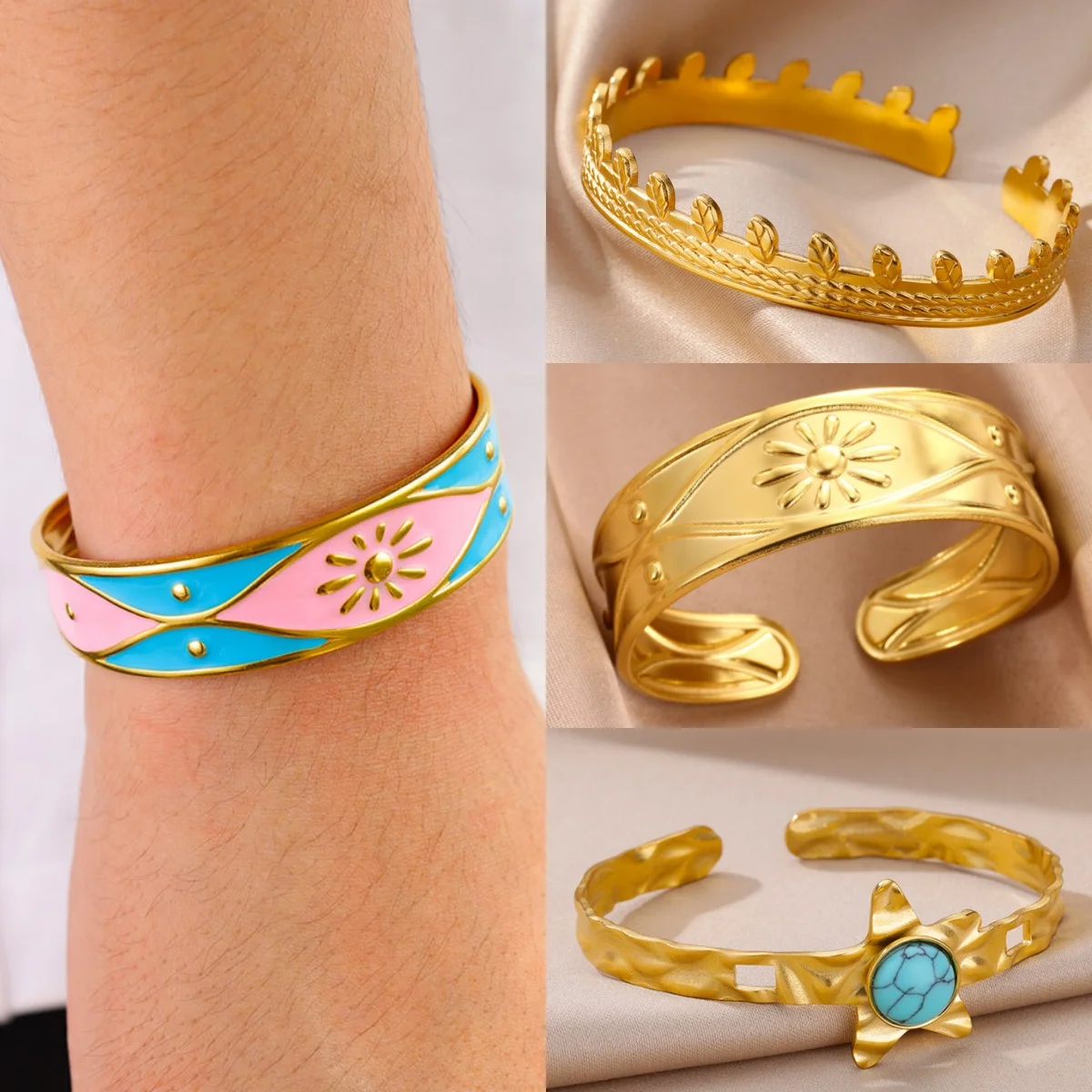 

10pcs Starburst Stainless Steel Openwork Women's Bracelets Textured Sun Y2K Party Jewelry Bracelet Valentine's Day Gift bijoux