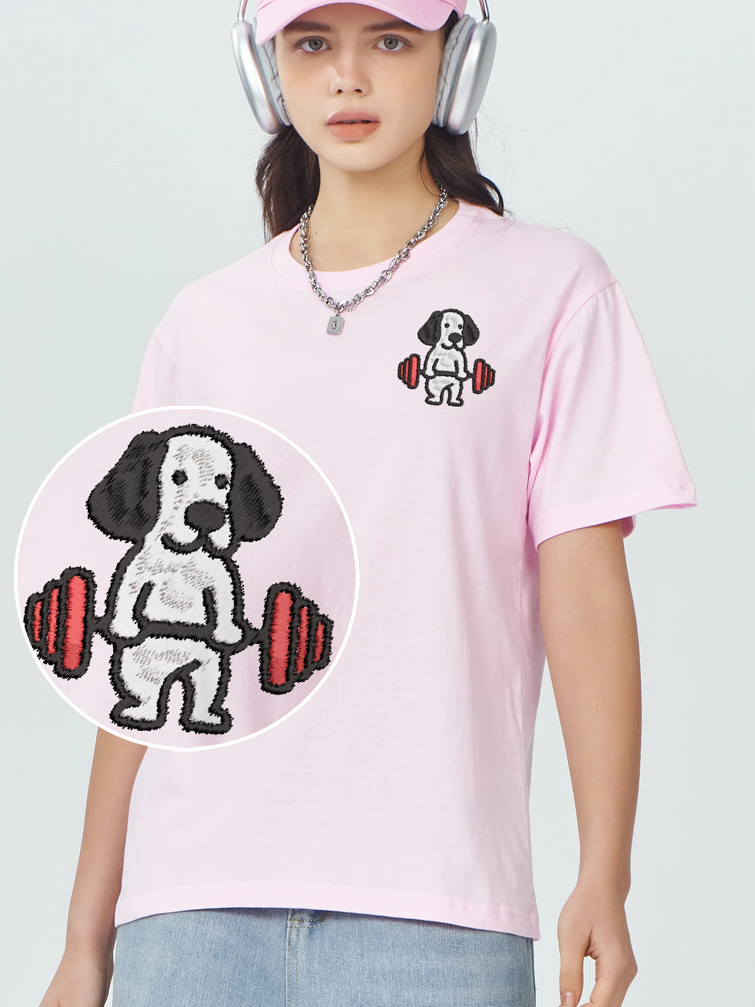 Dog Weightlifting Embroidered Camiseta Cute Animals Cotton Breathable Graphic Embroidery T-Shirt Unisex Casual Style