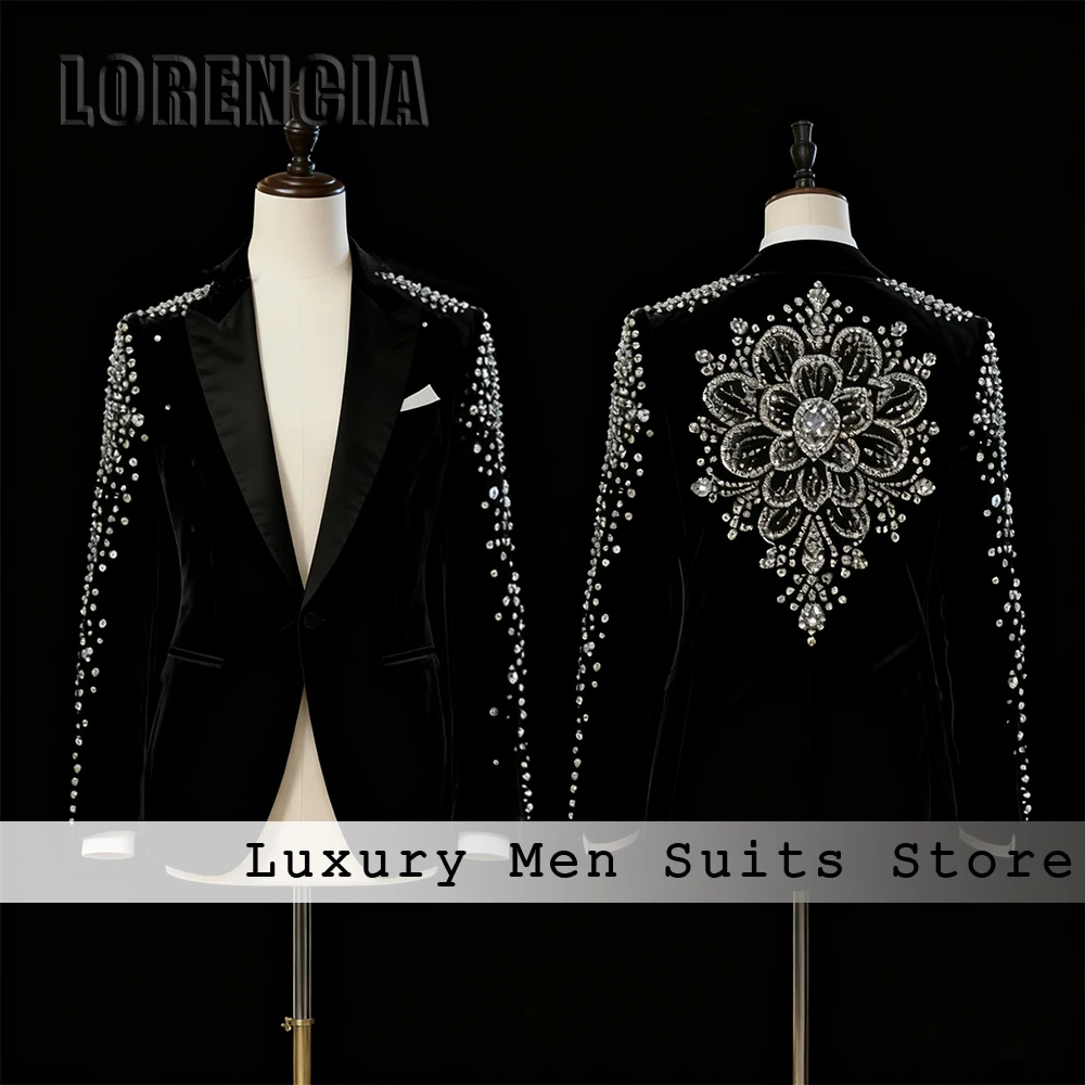 

Luxury Crystal Male Suits 2 Pieces Velvet Tuxedos Set Wedding Prom Party Outfits 2025 Customized Blazer Pants disfraz de hombre