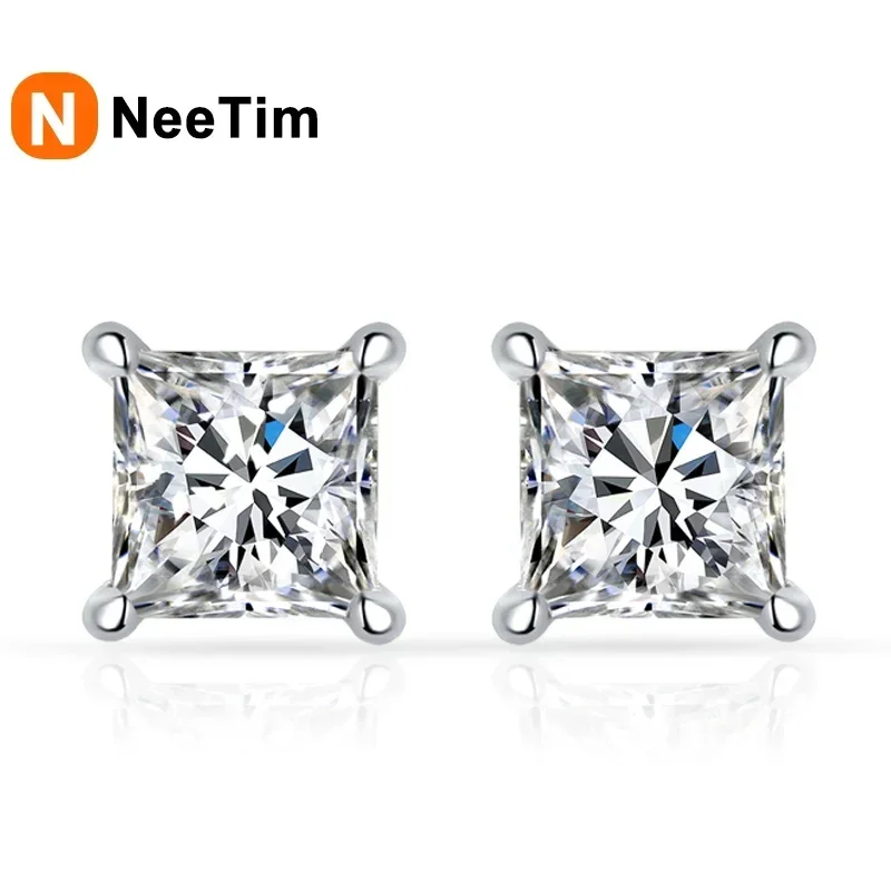 NeeTim 1ct Princess Cut Moissanite Earrings for Women S925 Sterling Sliver with Gold Plated Ear Studs Wedding Party Fine Jewelry