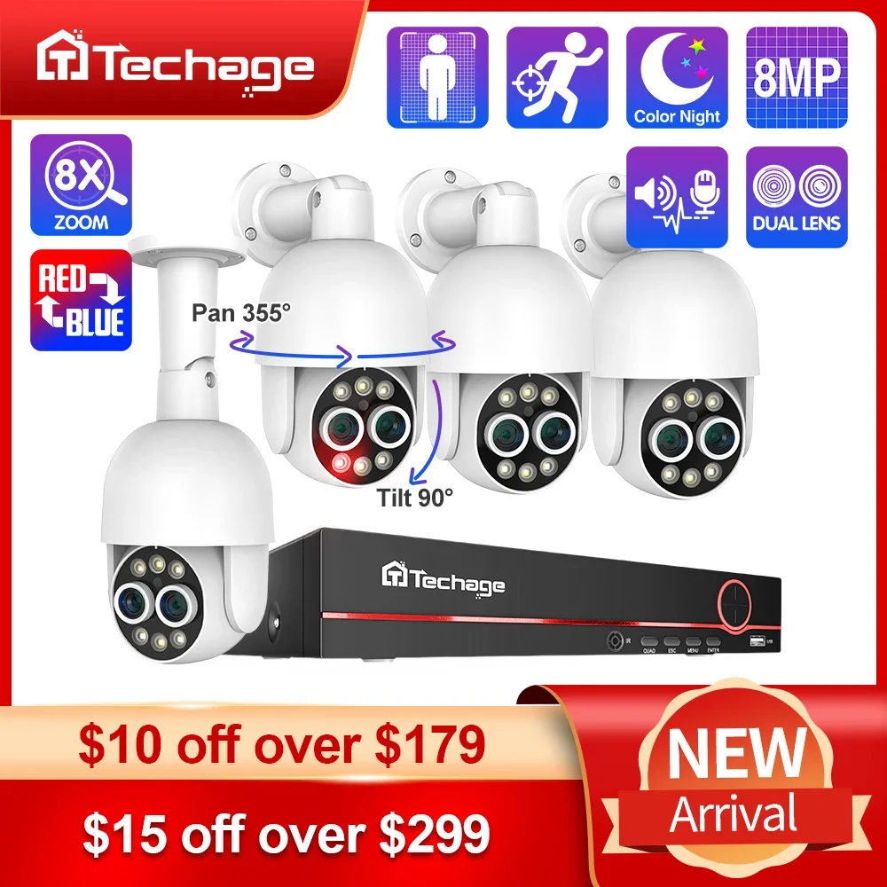 

Techage 8CH Dual Lens 4MP+4MP PTZ POE Camera System 8X Mix Zoon Human Detection H.265 AI CCTV Video Security Kit Colorful Night