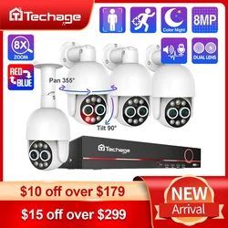 Techage 8CH Dual Lens 4MP+4MP PTZ POE Camera System 8X Mix Zoom Human Detection H.265 AI CCTV Video Security Kit Colorful Night