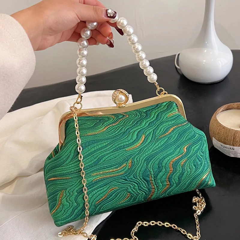 2024 New Elegant Women Silk Satin Evening Clutch Pearl Shell Clip Blue Chain Shoulder Bags Wedding Party Bridal Small Handbags