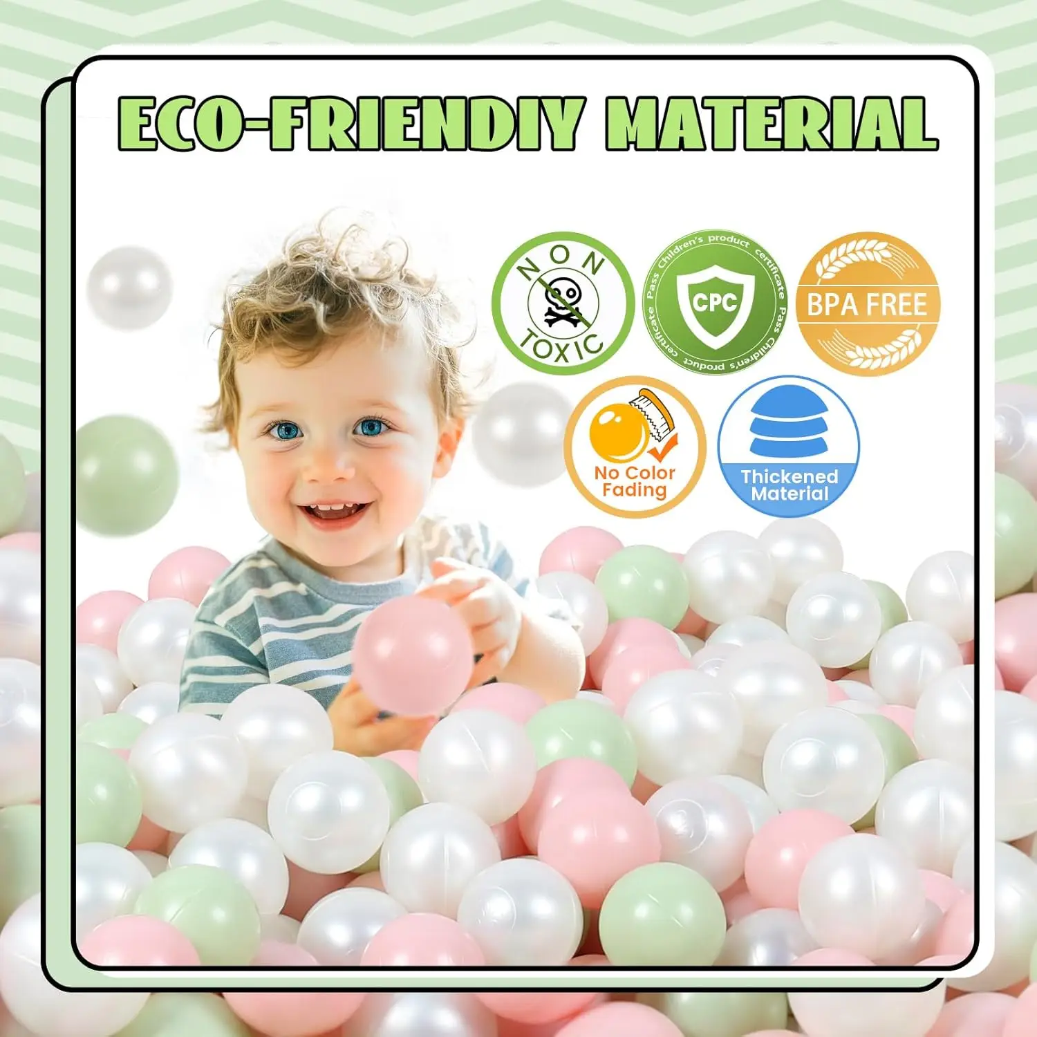 100 pçs macaron bola pit bolas de plástico para bola pit piscina cercadinho festas de aniversário, branco pérola + pó pérola + verde pérola