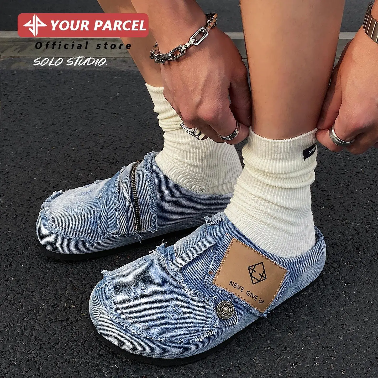 Denim cloth Boken shoes for men retro zipper patch design casual outdoor slippers backless and cork couple Mueller shoes
