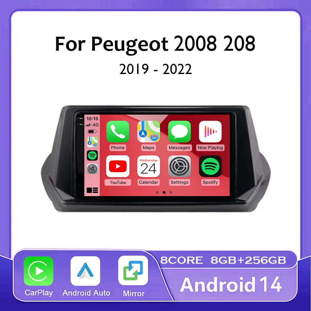9นิ้วAndroid 14 Wireless CarplayอัตโนมัติสําหรับPeugeot 2008 208 2019 2020 2021 2022 รถวิทยุเครื่องเล่นวิดีโอมัลติมีเดียนําทางGPS
