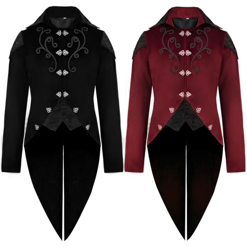 Men Medieval Costume Victorian Black Red Retro Patchwork Jacket Steampunk Trench Tuxedo Tailcoat Jacket Coat Gothic Overcoat