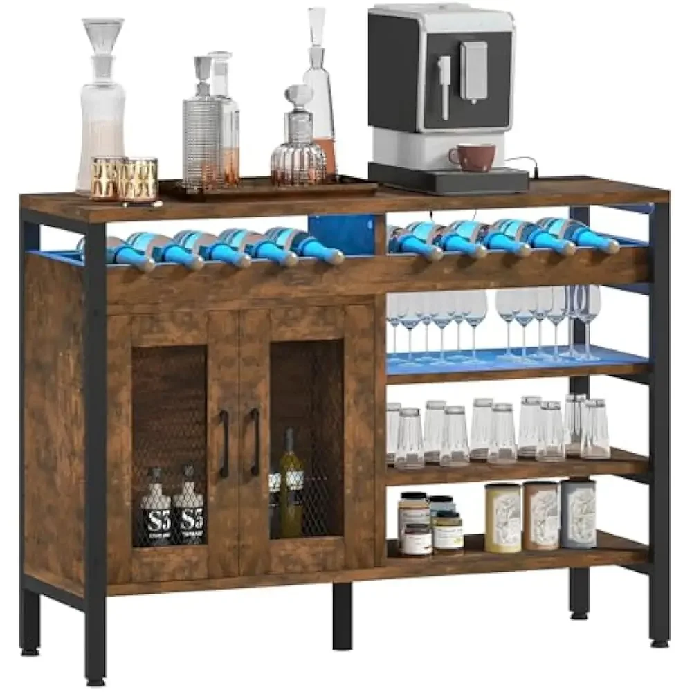 Armário industrial de bar de café de 47 "com luzes LED e tomadas de energia, armário de bebidas com portas, rack de vinho, armazenamento, aparador de madeira de metal
