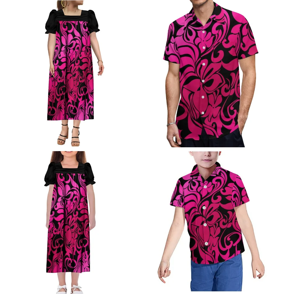 Polynesian Square-Neck Puffed Sleeve Design Women'S Mumu Dress Girls Dress Men'S Shirt Boys Shirt Family Party Set 4-Piece Set